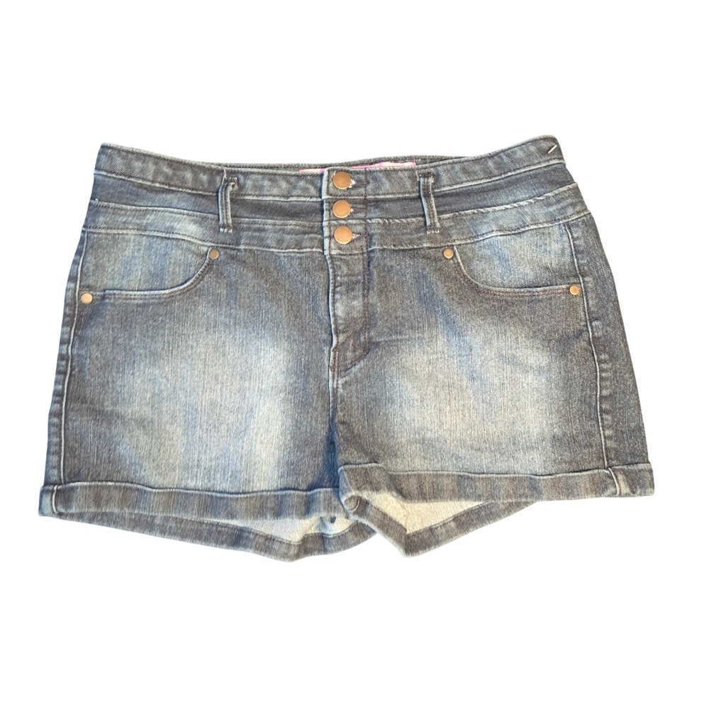 Tinseltown Denim Couture High Waisted Triple Button Cuffed Shorts Blue Size 15